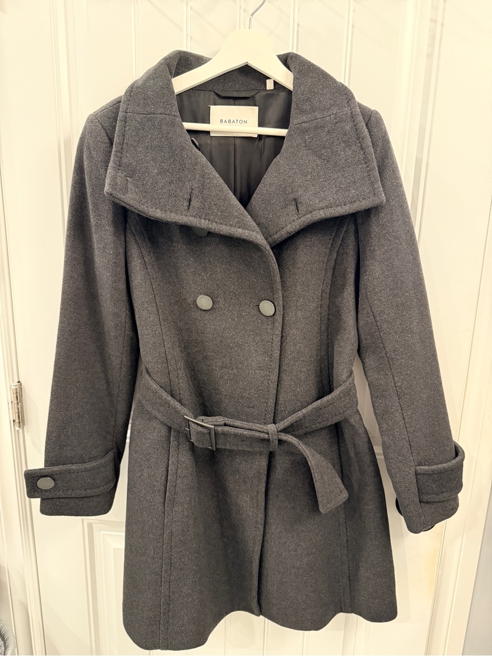 Aritzia BABATON Charcoal Gray Double-Breasted Wool Blend Pea Coat with Belt